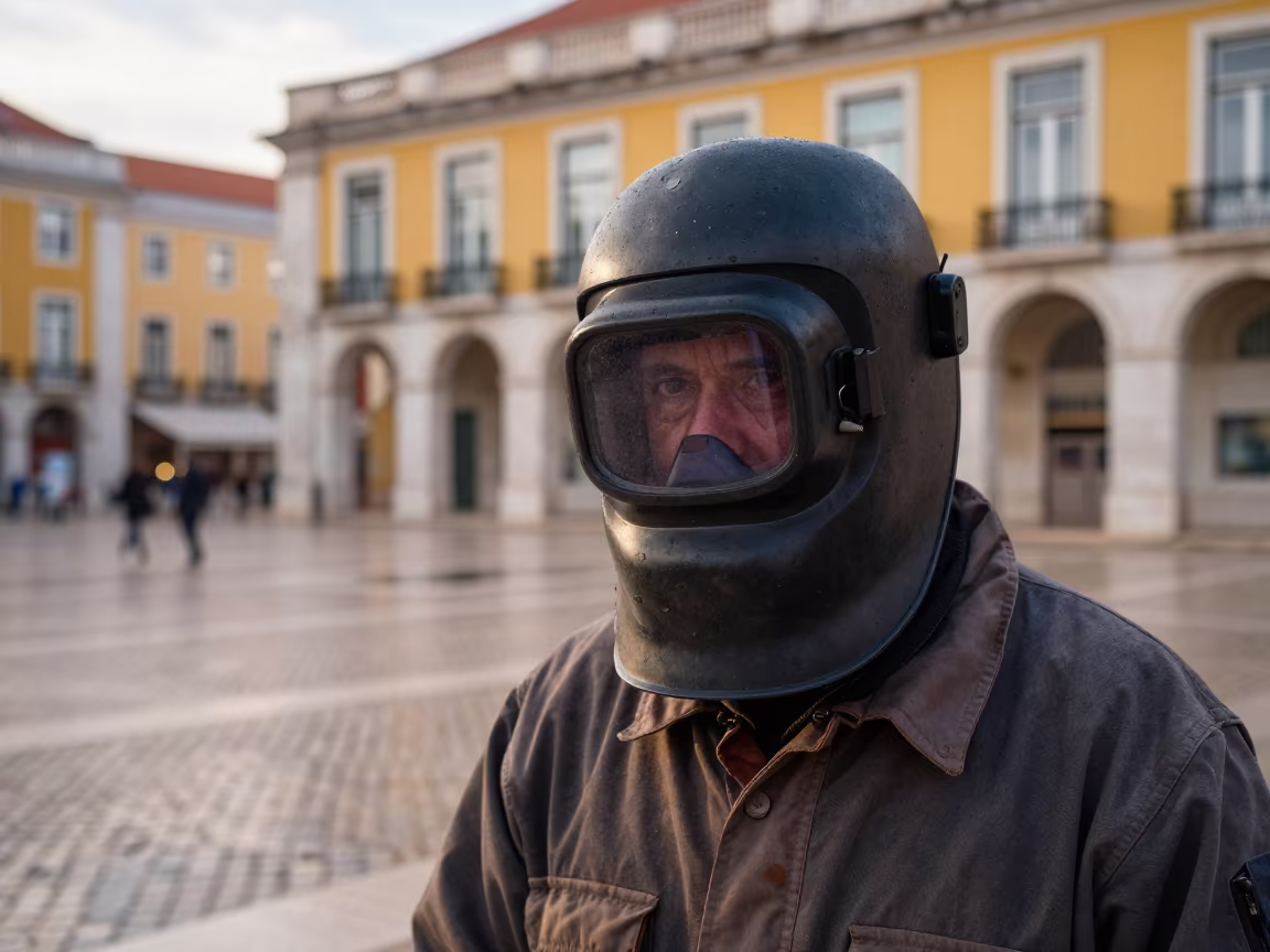 Welder with Mask Marks in LX Factory Morning Drizzle in at a public square in LX Factory, Lisbon