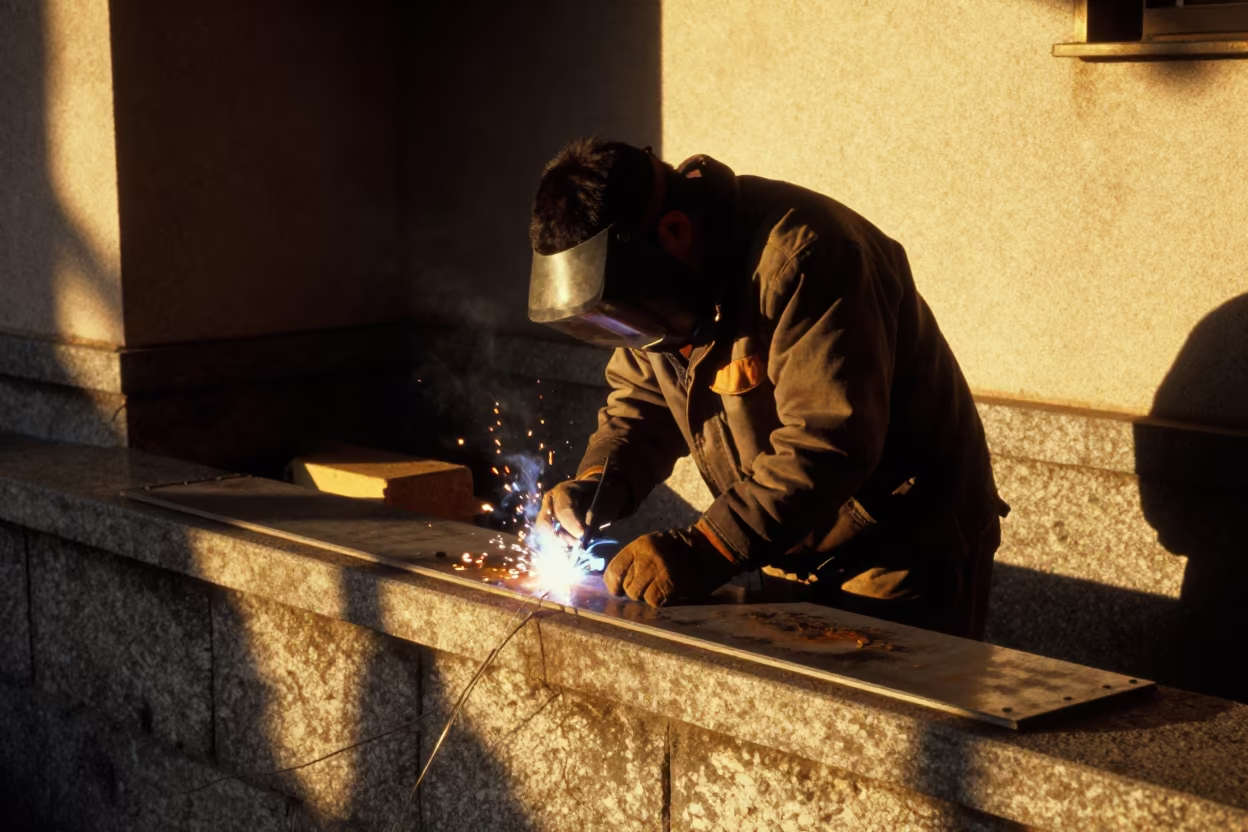 Welder in Yokohama at Golden Hour Before Sunset in on a stone ledge in Yokohama