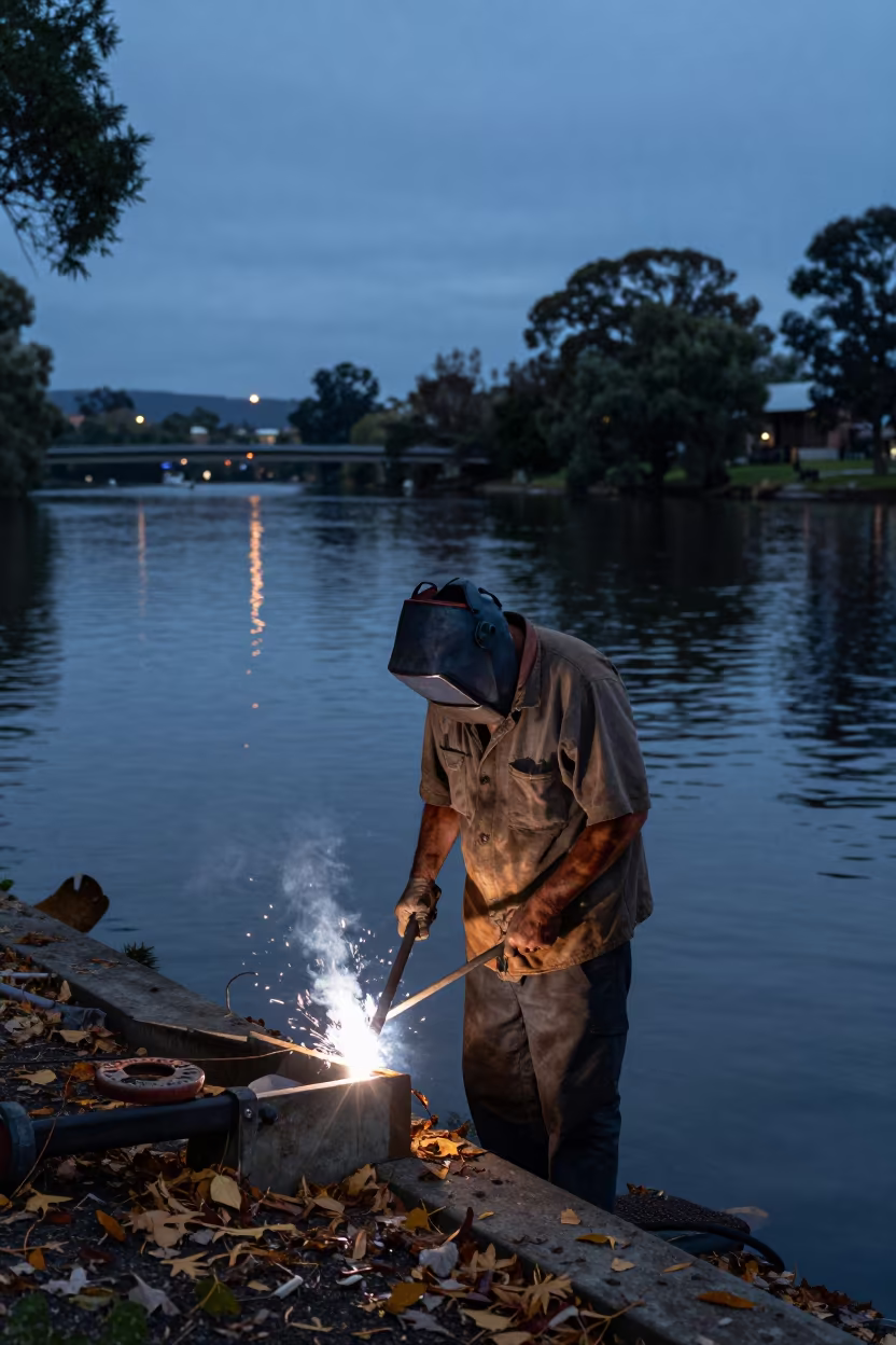 Welder's Burned Arms by Canberra River at Blue Hour in near a riverside landing in Canberra