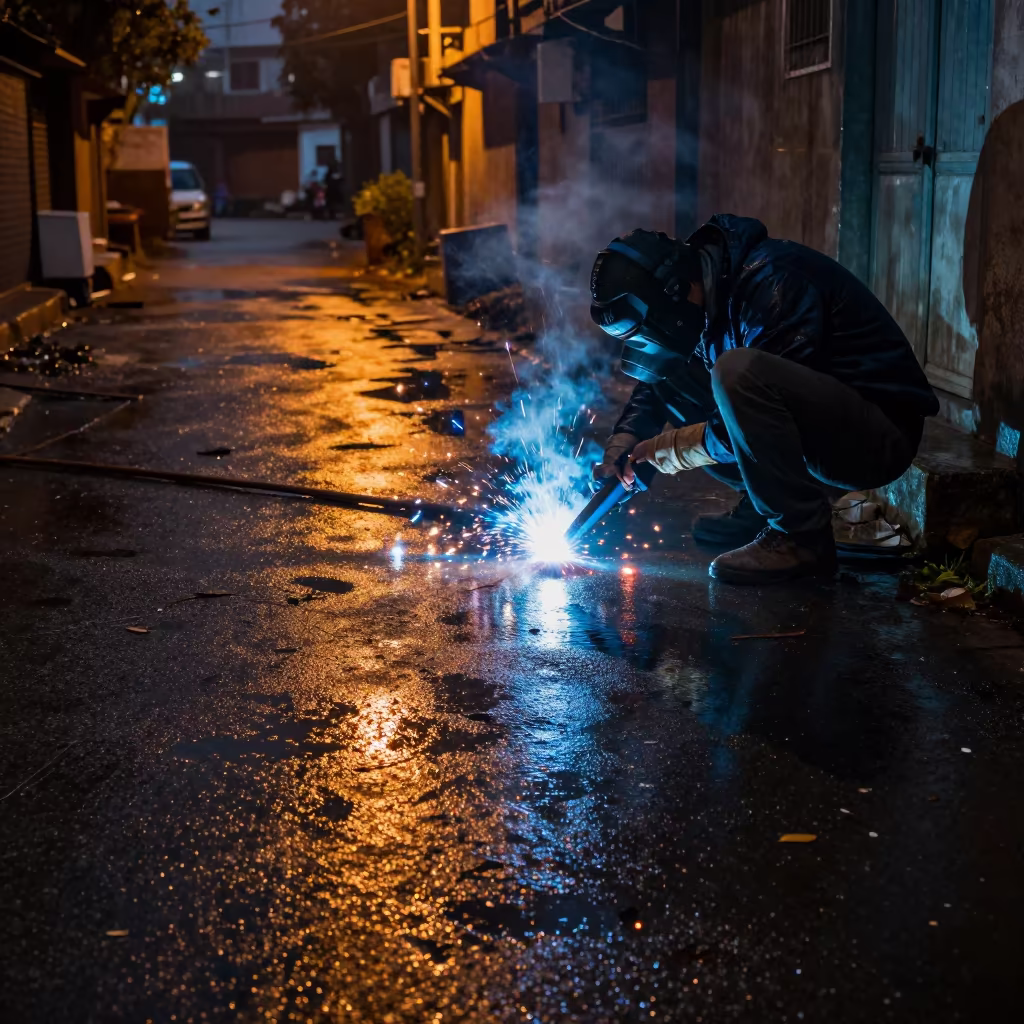 Welding Arc Reflection on Gurgaon Wet Pavement in outside a corner cafe in Gurgaon