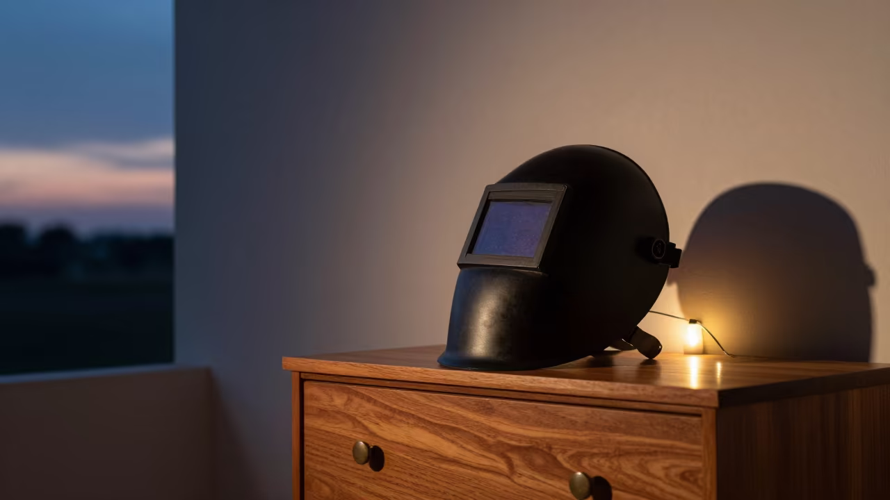 Welding Mask on Dresser Under Indigo Twilight in on a hotel dresser in Cabinda