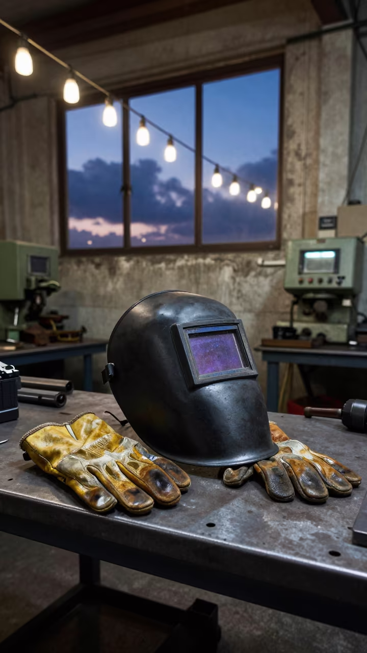 Welding Mask and Gloves in Predawn Machine Shop in in a machine shop near Tangier
