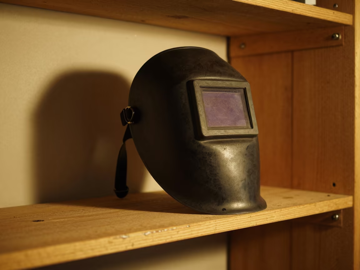 Welding Mask Lowers Under Tungsten Light in on a workshop shelf near Shinsekai, Osaka