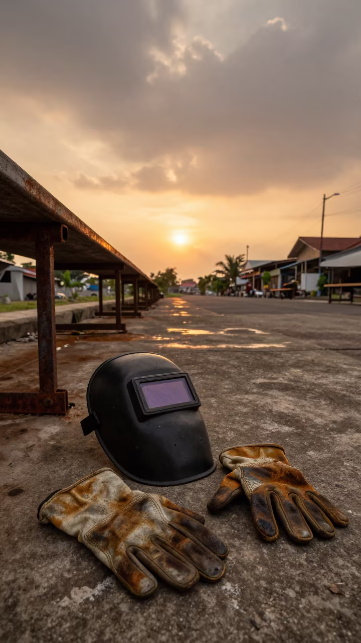 Welding Mask and Scorched Gloves in Amber Light in in a welding bay near Semarang