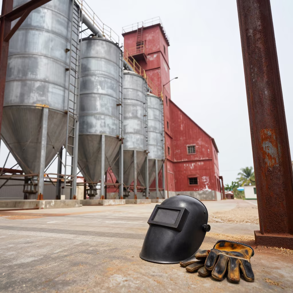 Welding Mask and Scorched Gloves in Grain Elevator in inside a grain elevator near Bahawalpur