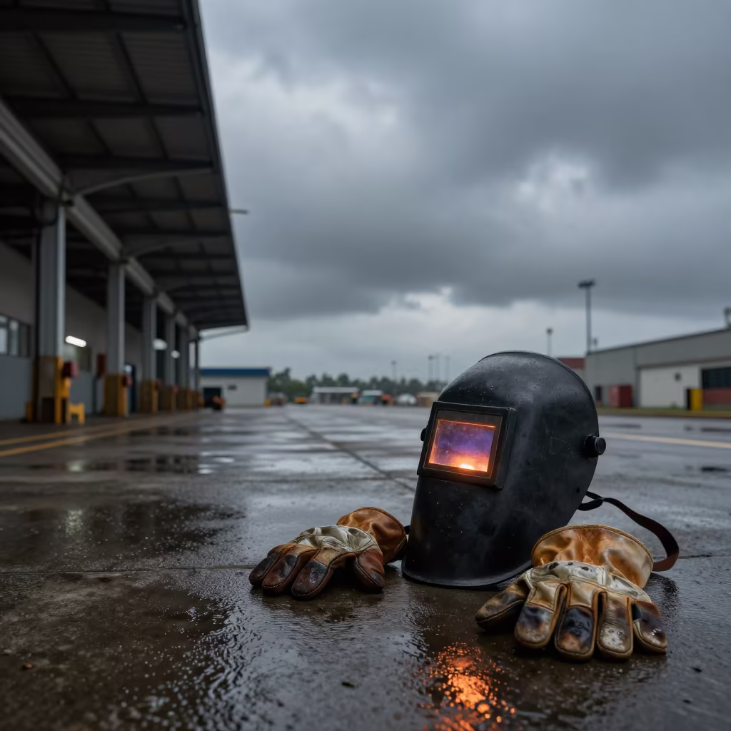 Welding Mask and Scorched Gloves at Dawn in at a loading dock near Pereira
