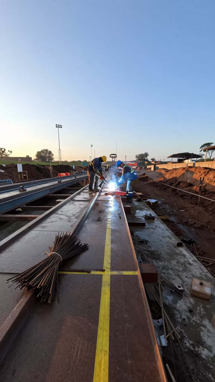 Welding Platform Dawn Light Wet Concrete Barbacena in inside a taped-off excavation edge near Barbacena
