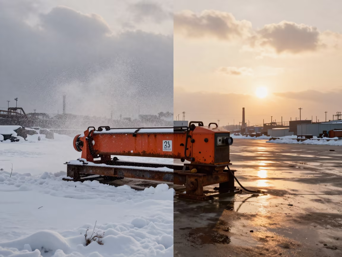 Welding Rig Half Snow Half Sun in across an active works site near Hohhot