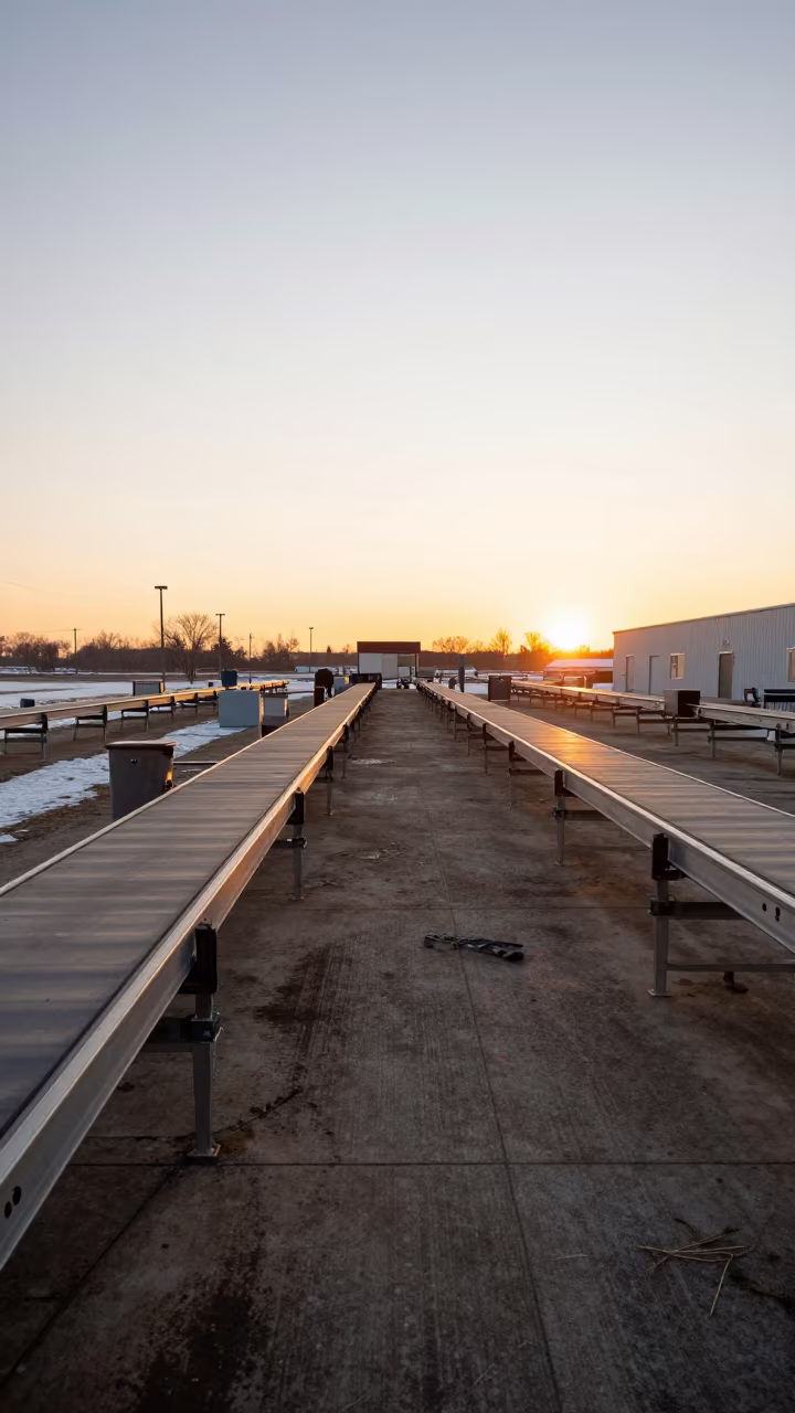 Welding Rig in Winter Packing Hall Sunset in inside a packing hall with stainless conveyors in Iowa