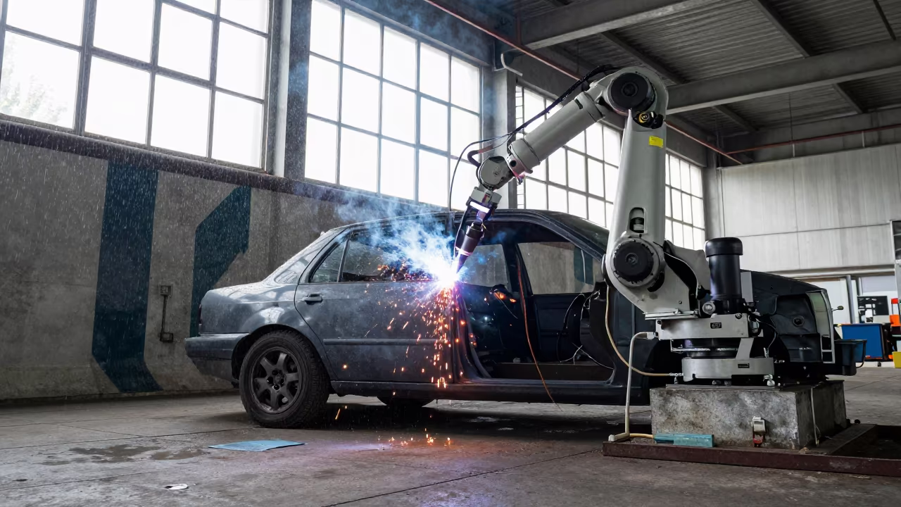 Welding Robot Arm Car Doors Turbine Hall Berlin in in a turbine hall near East Side Gallery, Berlin
