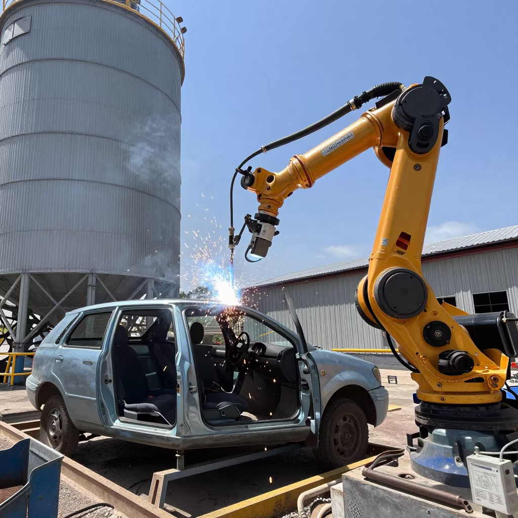 Welding Robot Arm in Chilean Grain Elevator in inside a grain elevator near San Pedro de la Paz