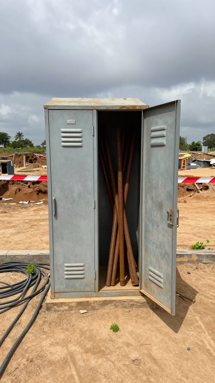 Welding Rod Locker Sokodé Noon Light in inside a taped-off excavation edge in Sokodé