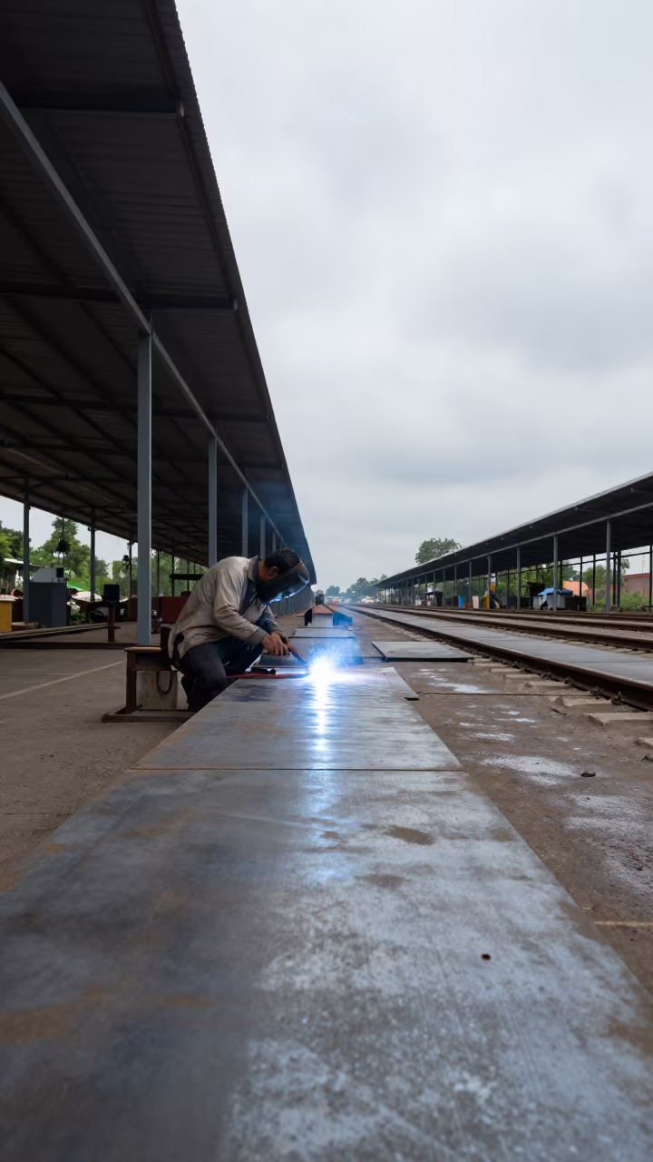 Welding Shop Blue Arc Light Steel Plates Noon in at a rail yard near Surat