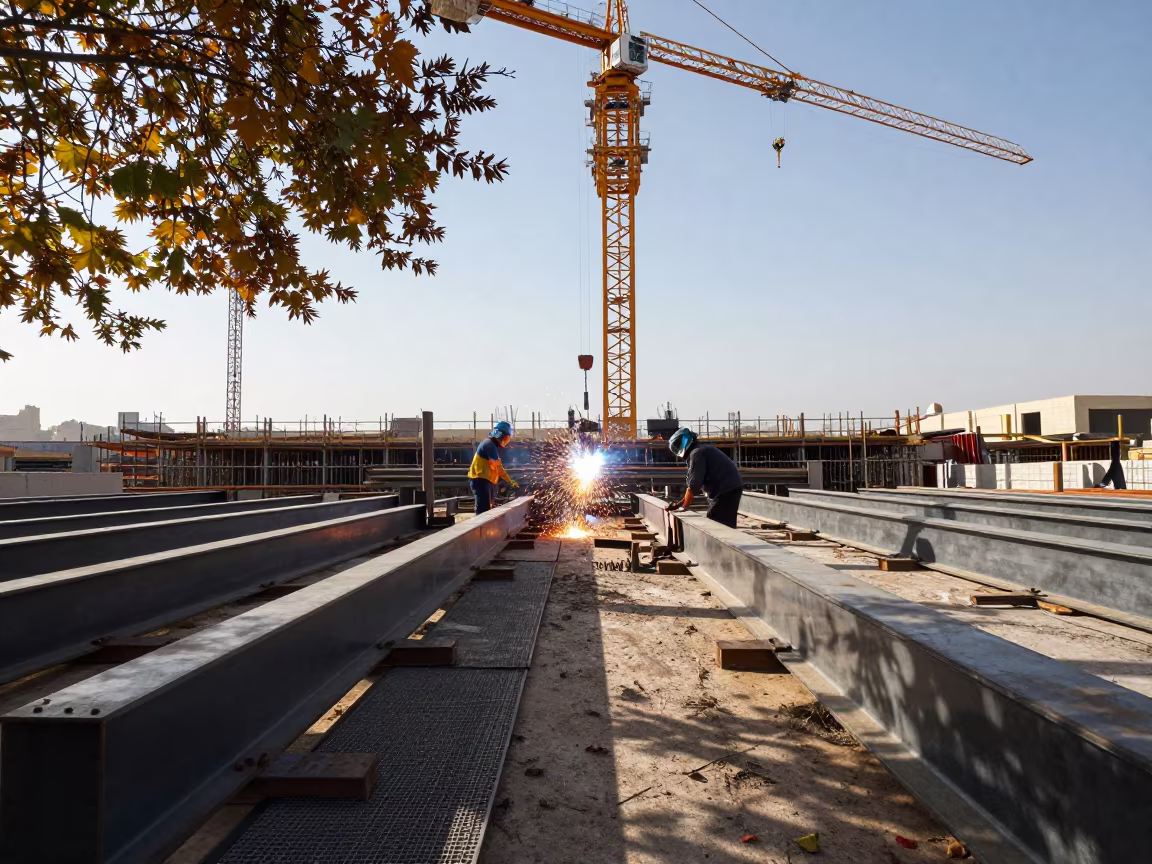 Welding Sparks Shower Beneath Doha Bridge Platform in beneath a tower crane on open ground in Doha