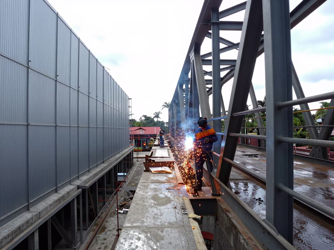 Welding Sparks Under Bridge Platform in Puebla in beside a framed building shell near Puebla