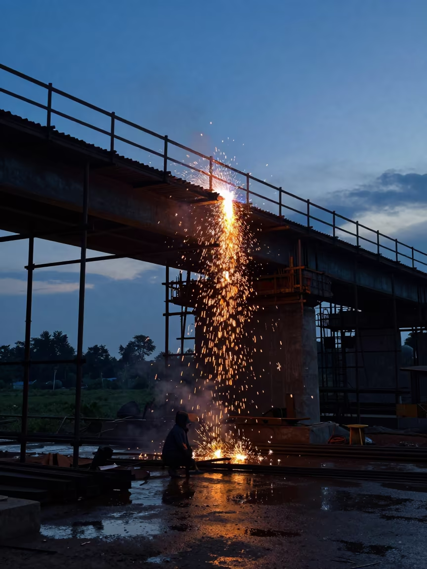 Welding Sparks Under Laos Bridge at Blue Hour in along a scaffolded facade in Laos