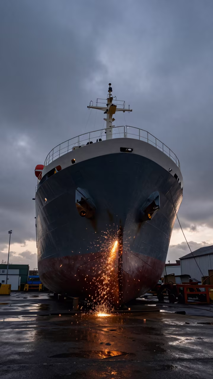 Welding Sparks Shower Hull at Cornwall Shipyard Dusk in in Cornwall