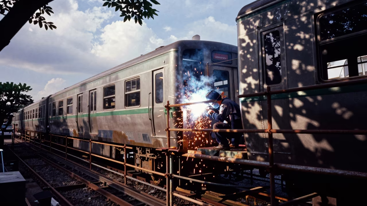 Welding Sparks Train Car Scaffold Tokyo in on a scaffold platform near Roppongi, Tokyo