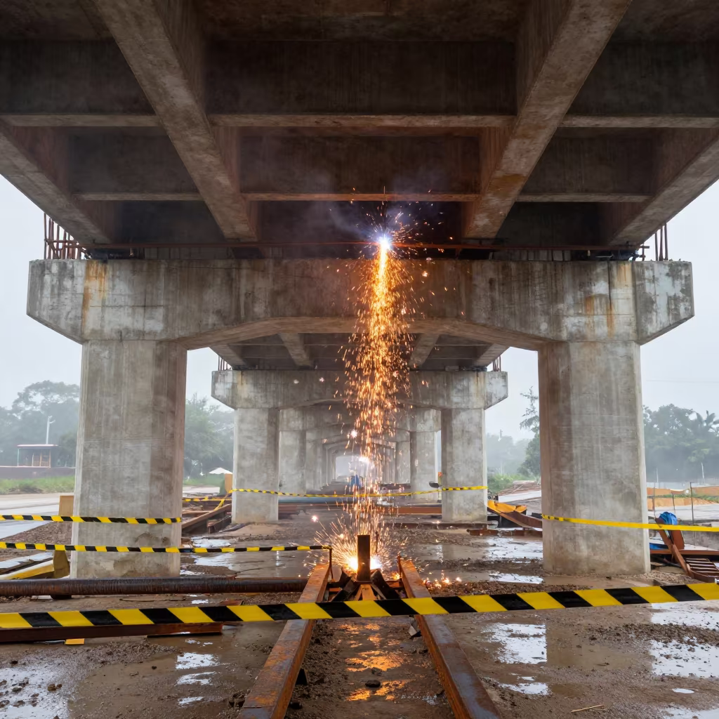 Welding Sparks Under Bridge Construction in Cuba in inside a taped-off excavation edge in Cuba