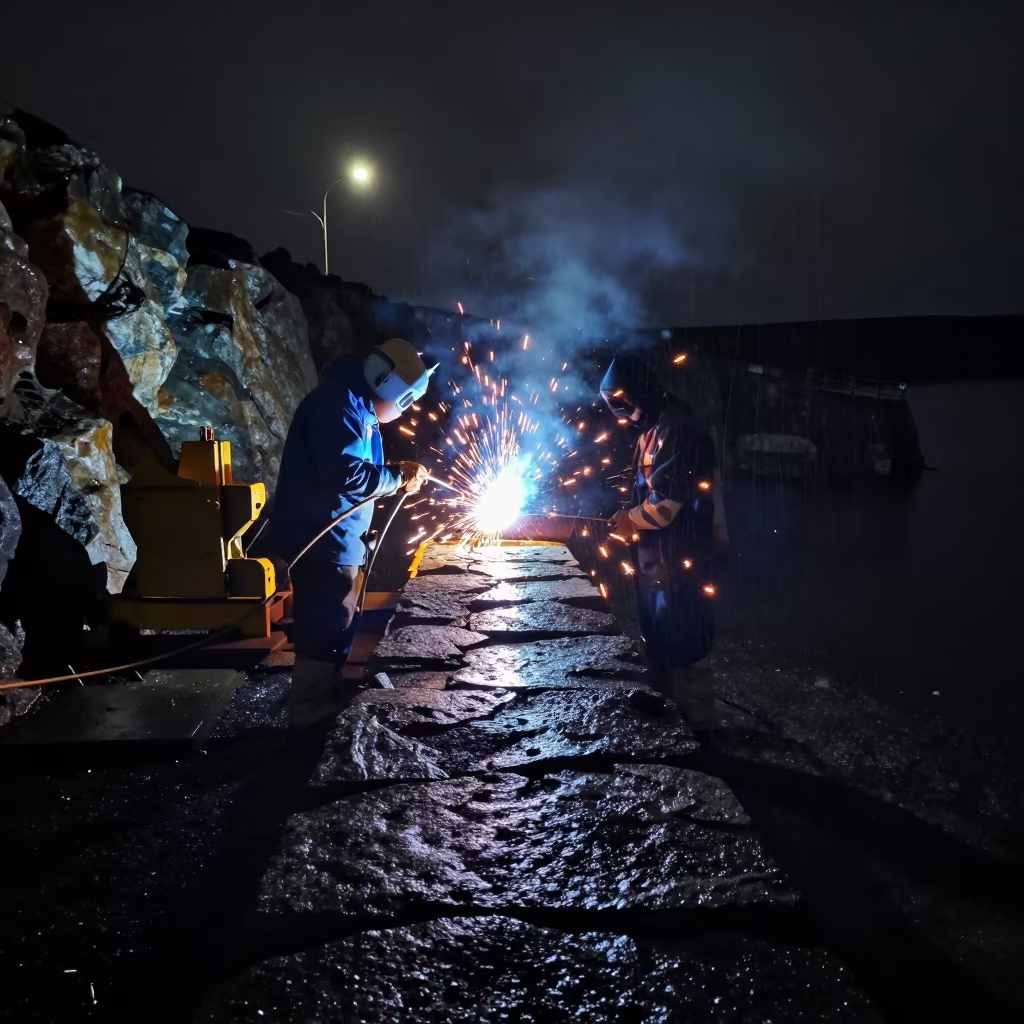 Welding Sparks on Ushuaia Quarry Ledge Night Drizzle in on a quarry ledge near Ushuaia