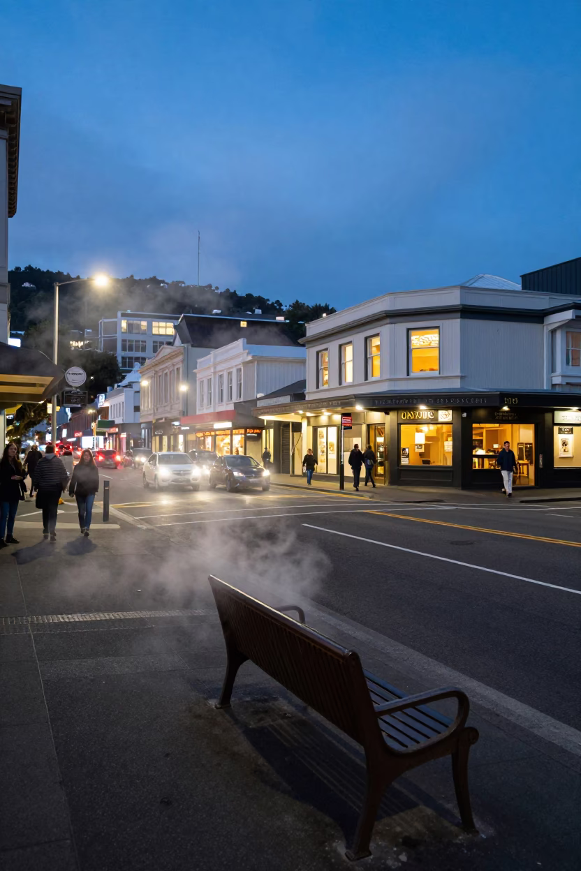 Wellington Blue Hour Street Scene with Steam Haze and Window Light in in Wellington, New Zealand