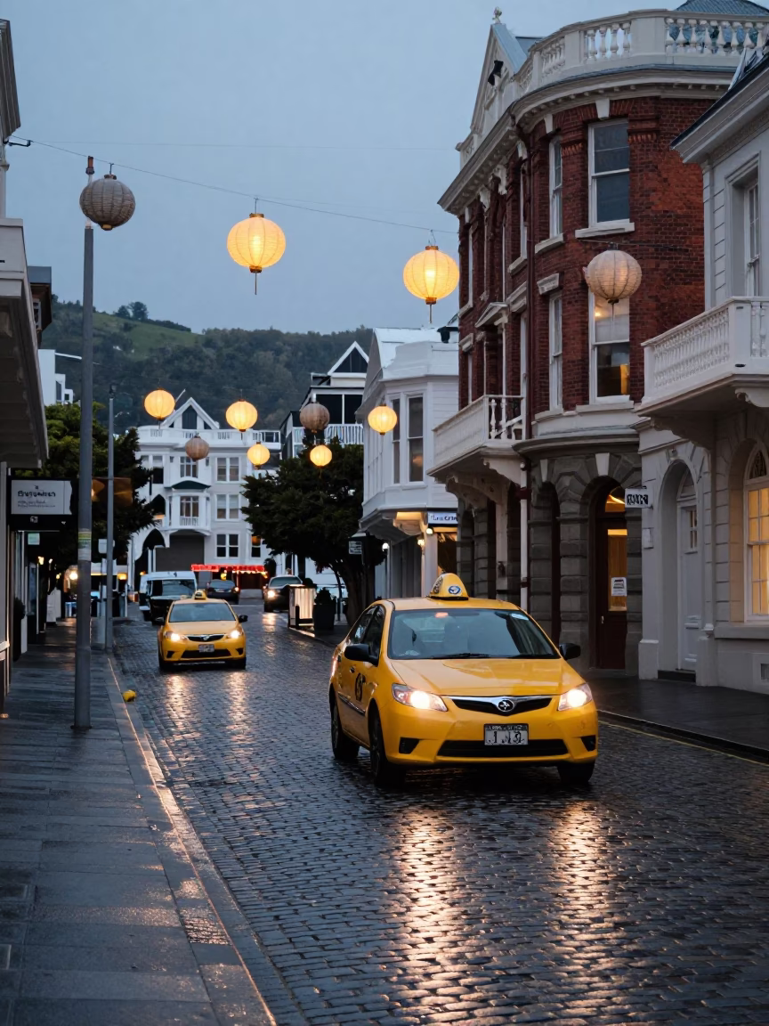 Wellington Blue Hour Street Scene with Yellow Taxi and Paper Lanterns in in Wellington, New Zealand