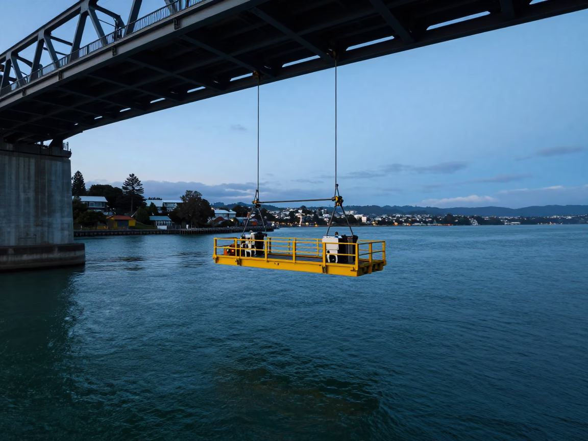 Wellington Bridge Maintenance Cradle at Blue Hour Over Green River Water in in Wellington, New Zealand