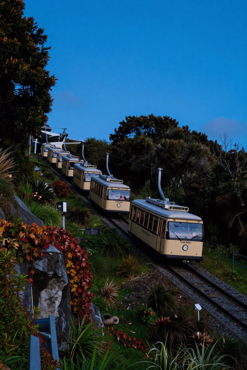 Wellington Cable Car Ascending Hillside Amidst Evening Blue Light and Autumn Vines in in Wellington, New Zealand
