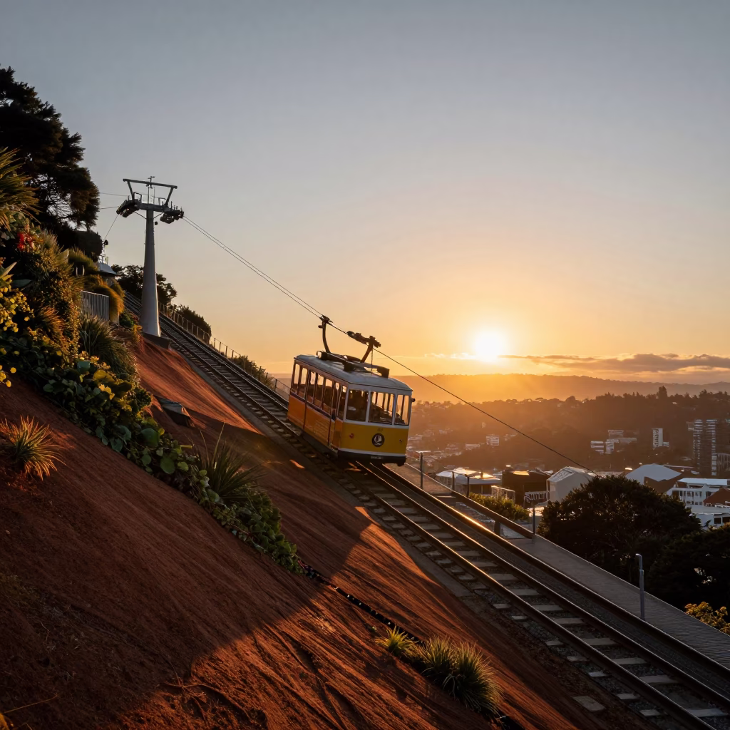 Wellington Cable Car Ascending Hillside Vines at Sunset in New Zealand in in Wellington, New Zealand