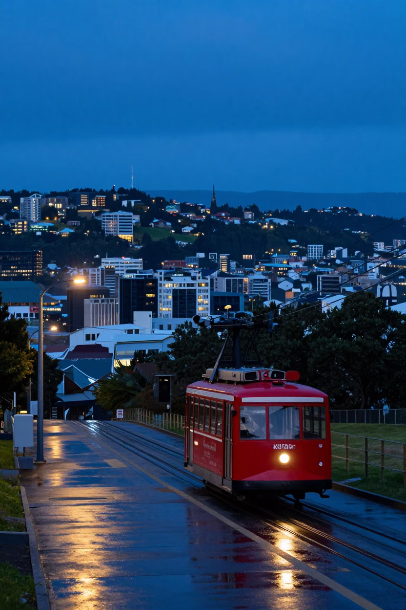 Wellington Cable Car Ascending Indigo Twilight Hillside with City Lights in in Wellington, New Zealand
