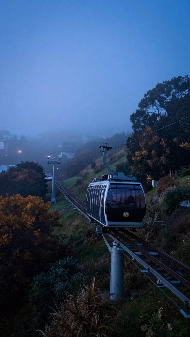 Wellington Cable Car ascending through morning mist before sunrise in New Zealand in in Wellington, New Zealand