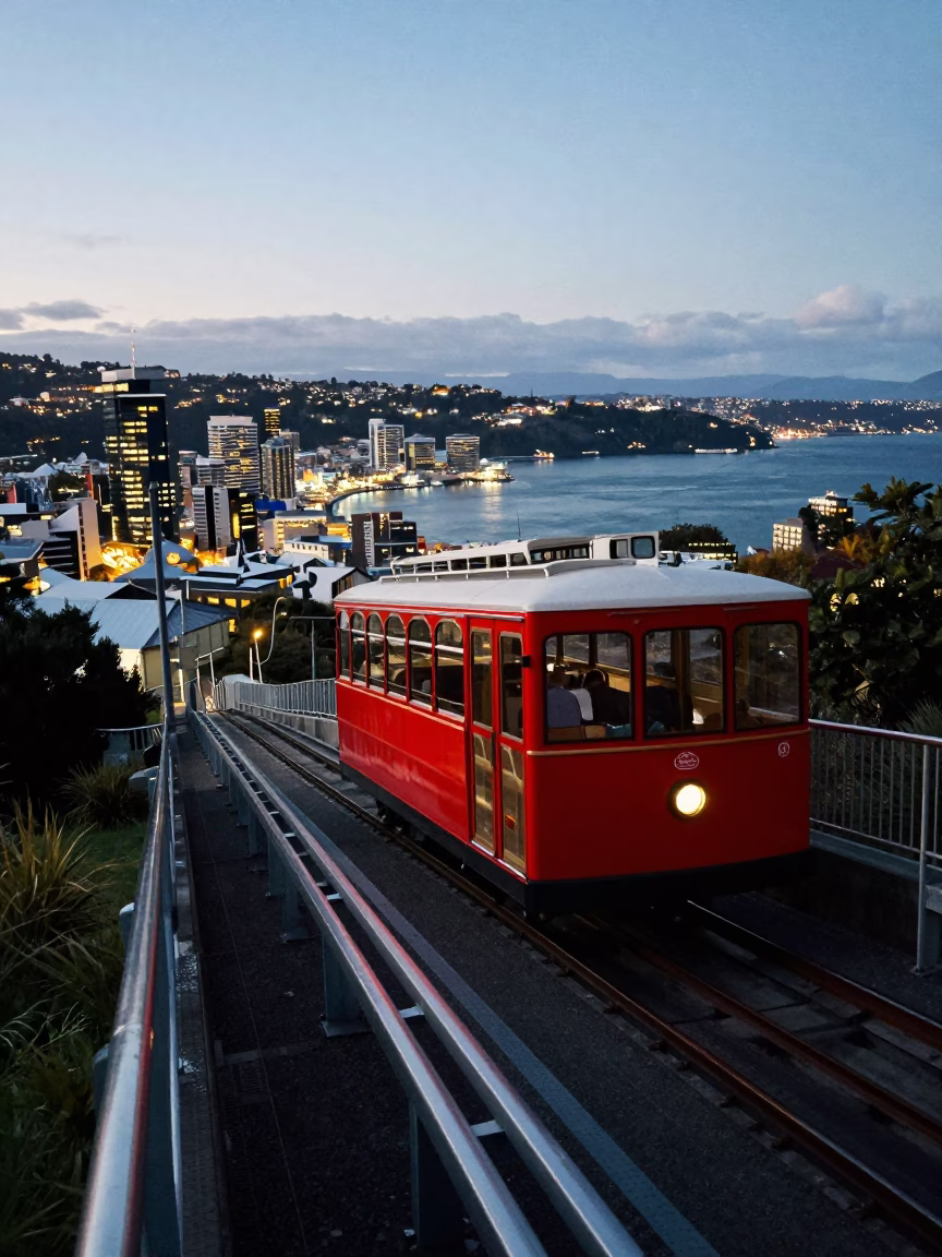 Wellington Cable Car Ascent at Dusk with Steel Railings and City Lights in in Wellington, New Zealand