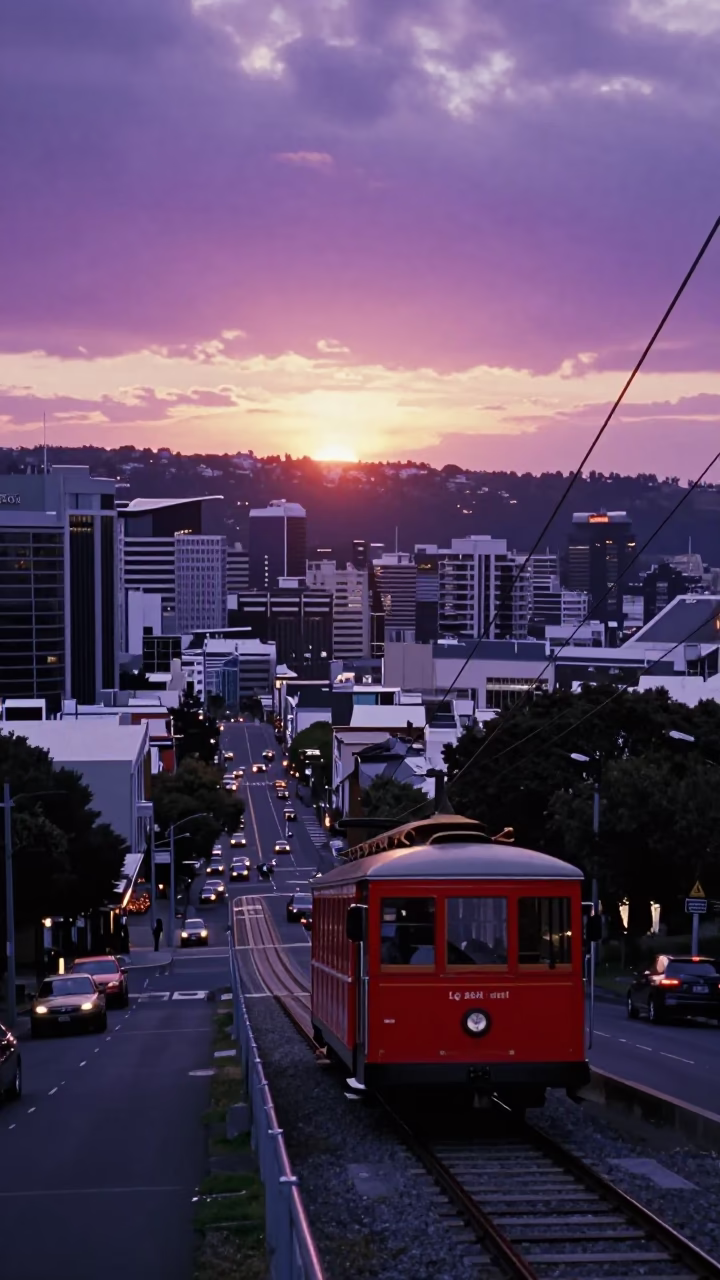 Wellington Cable Car at Sunset with City Skyline and Harbour Views in in Wellington, New Zealand