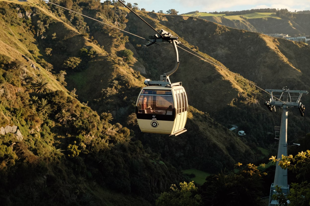 Wellington Cable Car Crossing Valley in Early Afternoon Light in in Wellington, New Zealand
