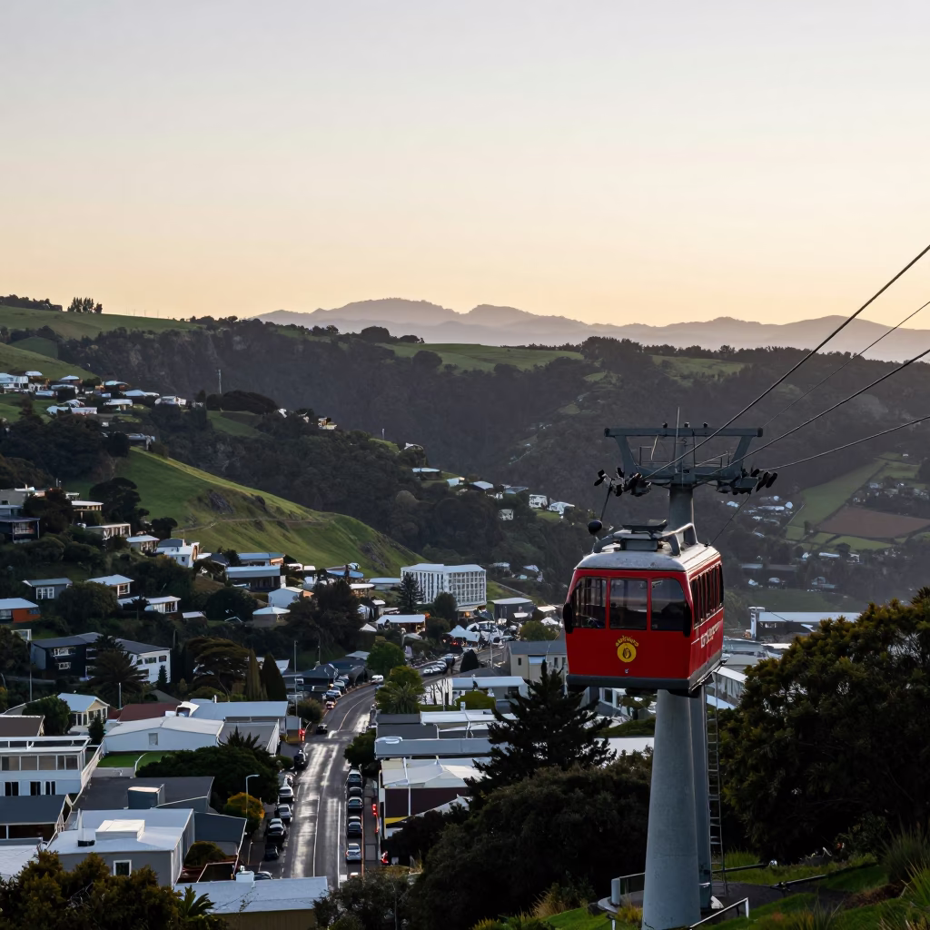 Wellington Cable Car Morning Light Over Valley and Harbor in in Wellington, New Zealand