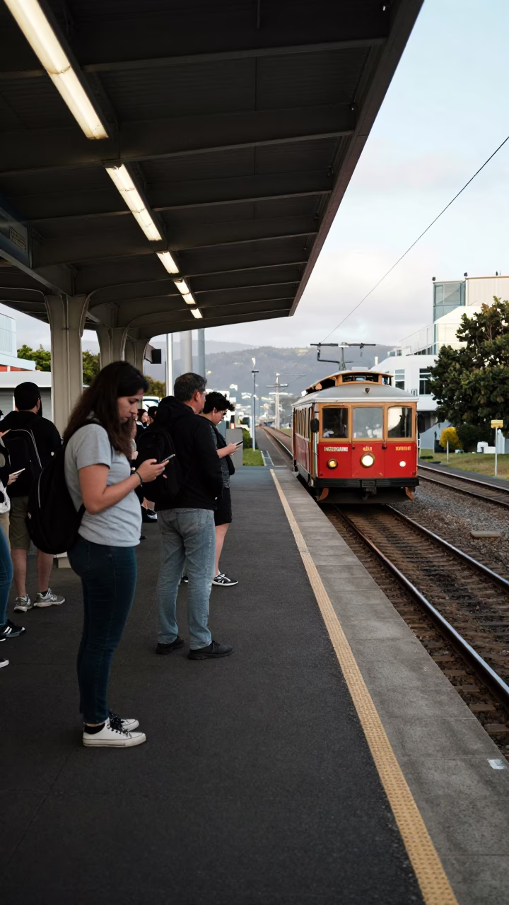 Wellington Cable Car Passengers Waiting on Platform During Late Morning Light in in Wellington, New Zealand