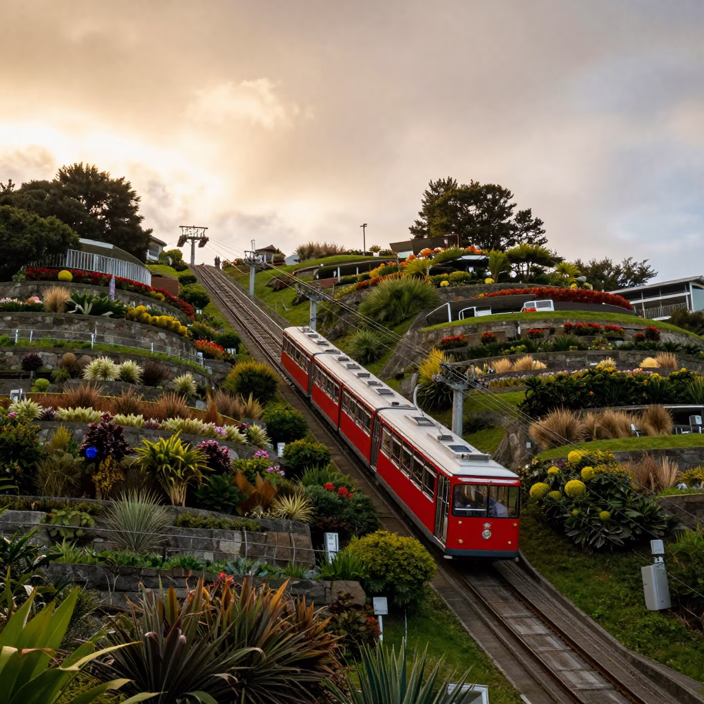 Wellington Cable Car Rising Through Terraced Gardens in Honeyed Evening Light in in Wellington, New Zealand