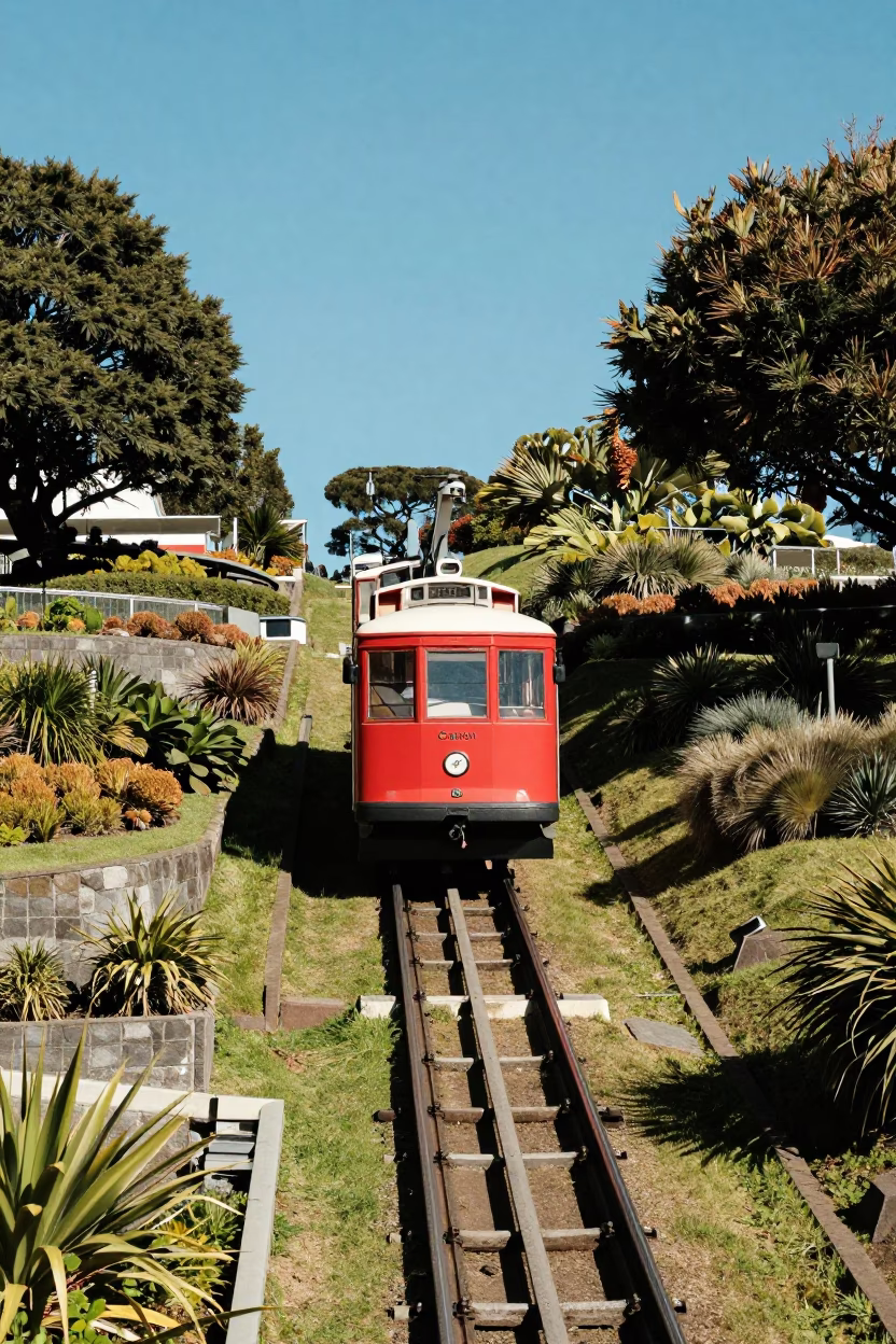 Wellington Cable Car Rising Through Terraced Gardens Under Flat Noon Light in in Wellington, New Zealand