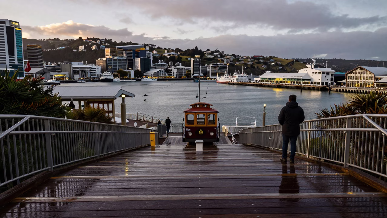 Wellington Cable Car Station Late Afternoon View of Harbor and Cargo Ship Horizon in in Wellington, New Zealand
