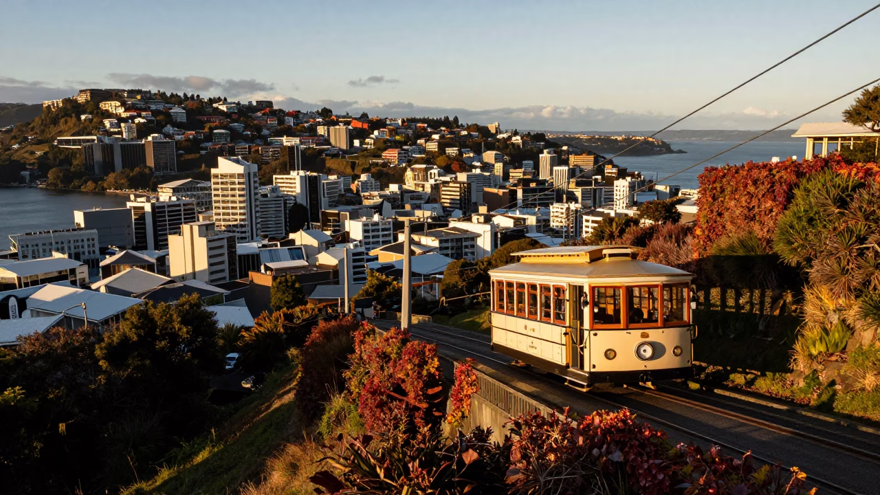 Wellington Cable Car Sunset View Over City Rooftops and Autumn Vine Covered Hill in in Wellington, New Zealand