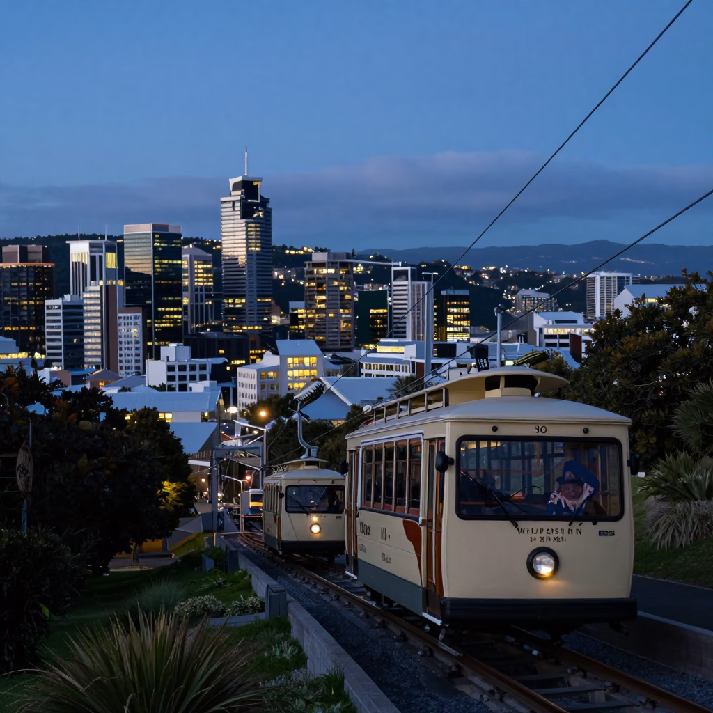 Wellington Cable Car Twilight View Over City Lights and Harbour in in Wellington, New Zealand