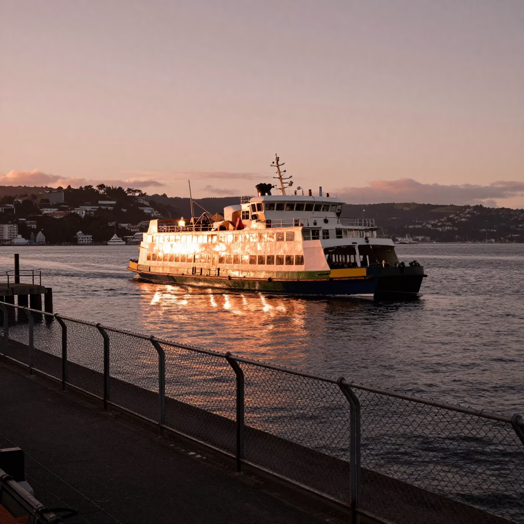 Wellington Chain Ferry Crossing Harbor in Copper Dusk Light Near Substation Fence in in Wellington, New Zealand