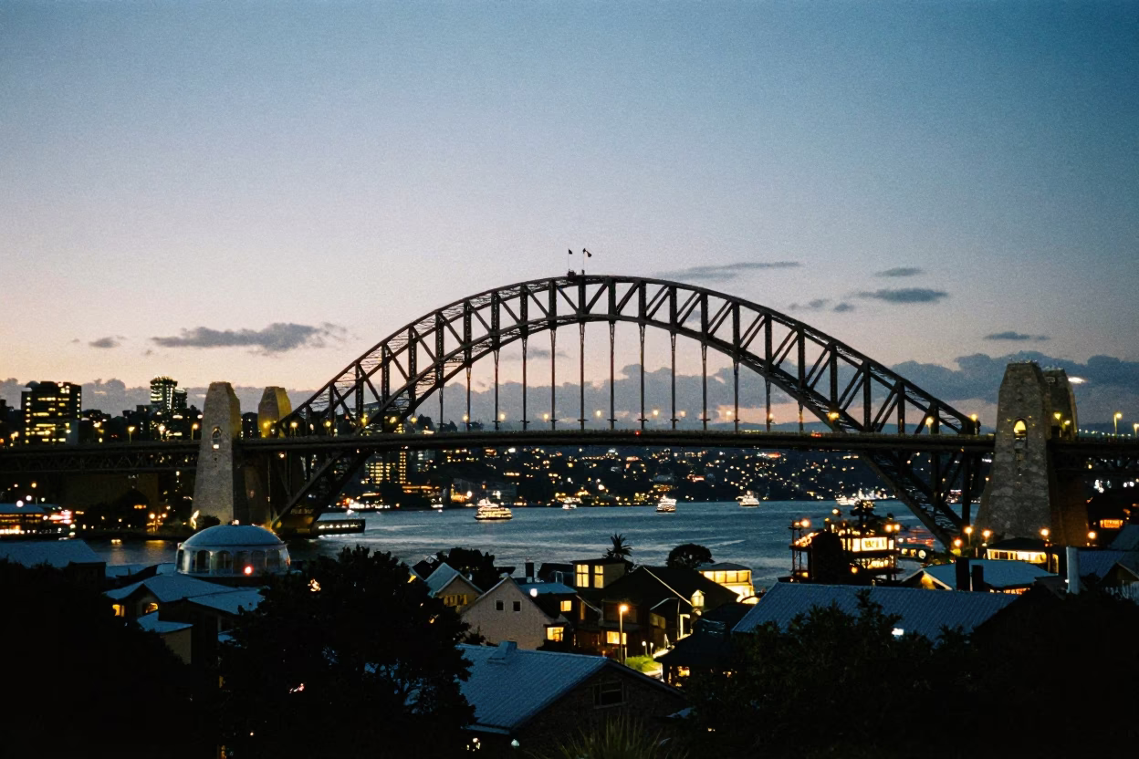 Wellington City Lights and Harbour Bridge Maintenance Cradle at Dusk in New Zealand in in Wellington, New Zealand