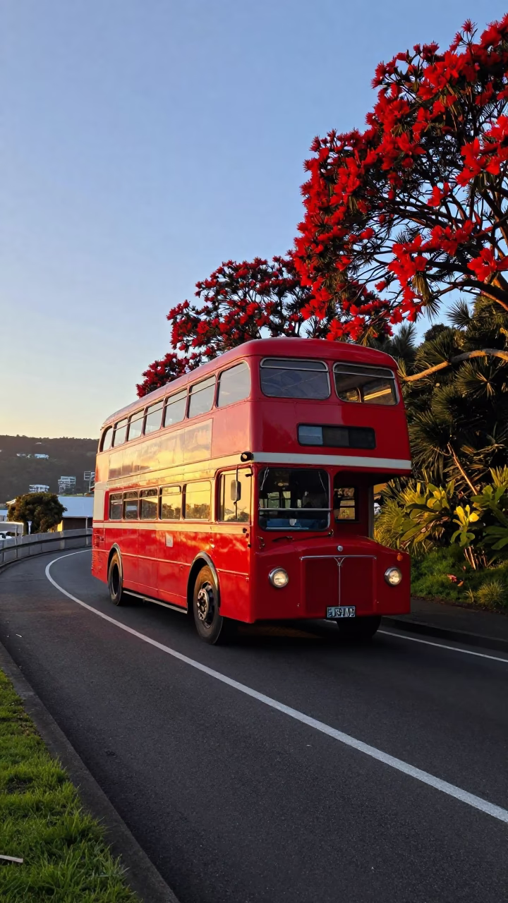 Wellington Classic Bus at Sunset Light in in Wellington, New Zealand