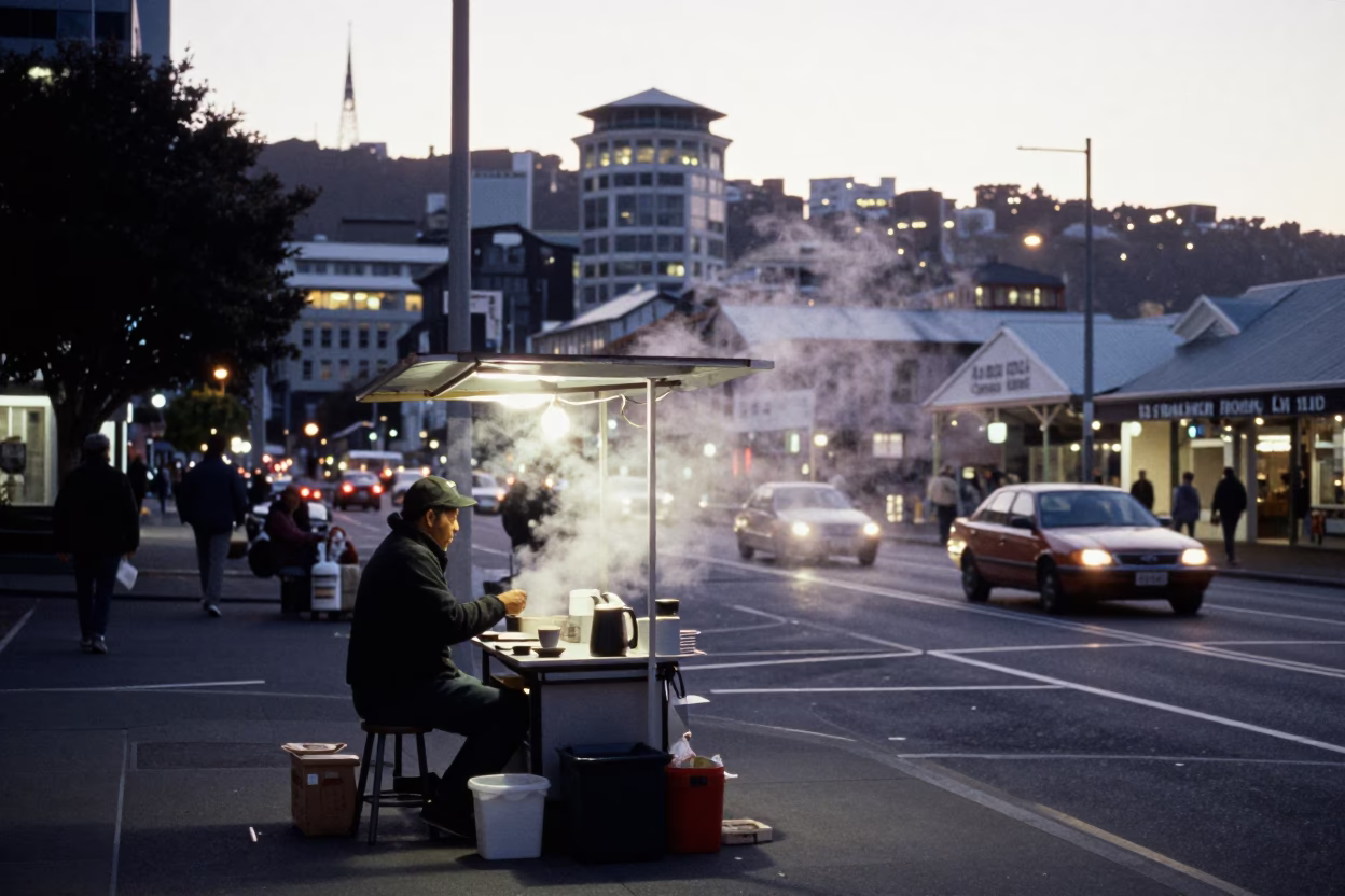Wellington Dawn Street Scene with Steam Haze and Coffee Stall Interaction in in Wellington, New Zealand