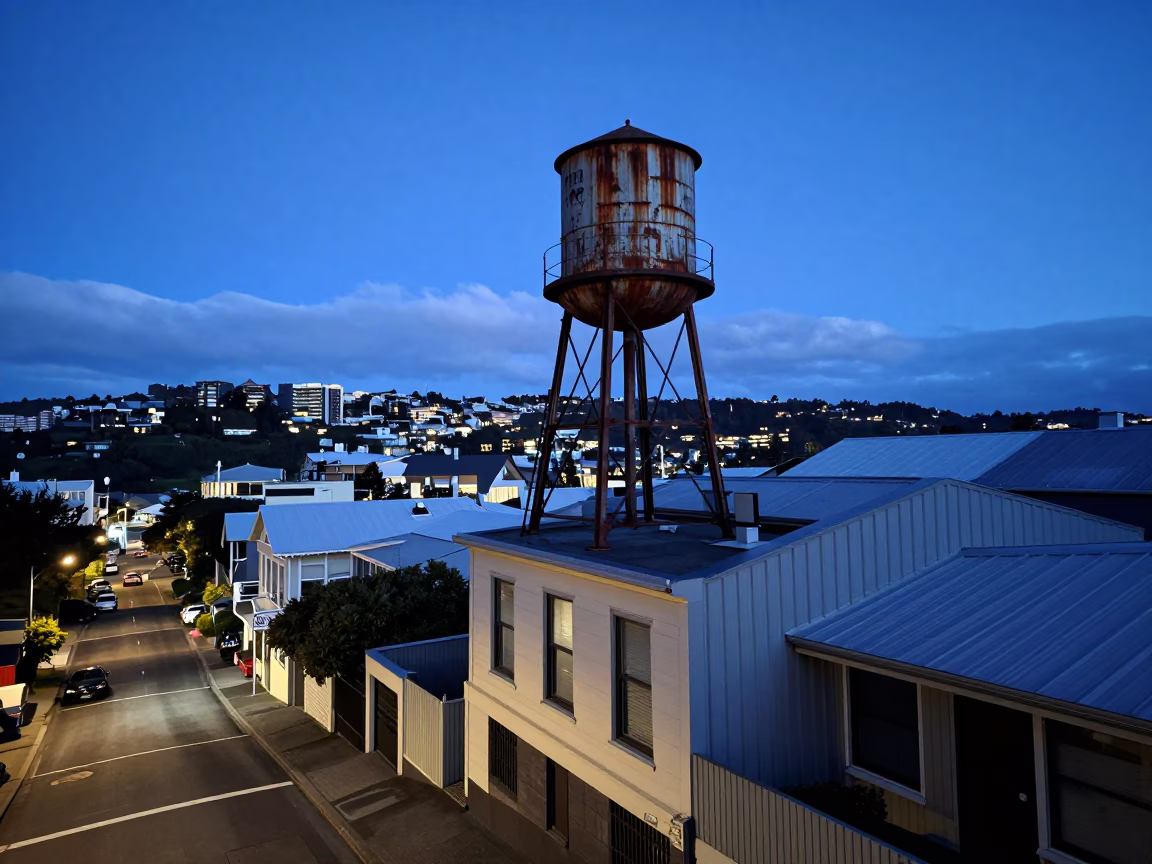 Wellington Evening Blue Hour Rooftop Water Tower and Art Deco Facade Street Scene in in Wellington, New Zealand