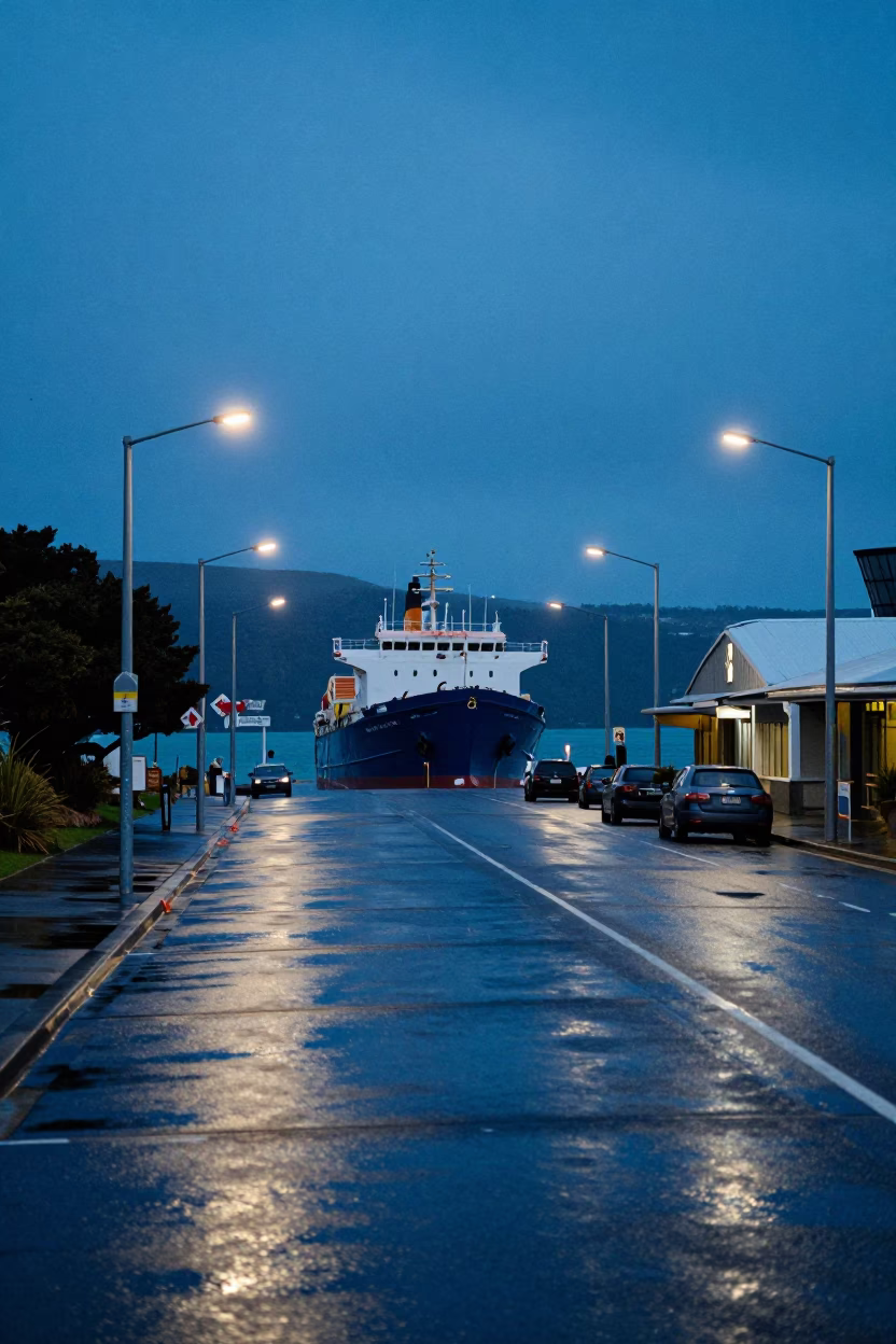 Wellington Evening Blue Hour Street Scene with Cargo Ship Horizon and Japanese Maple in in Wellington, New Zealand