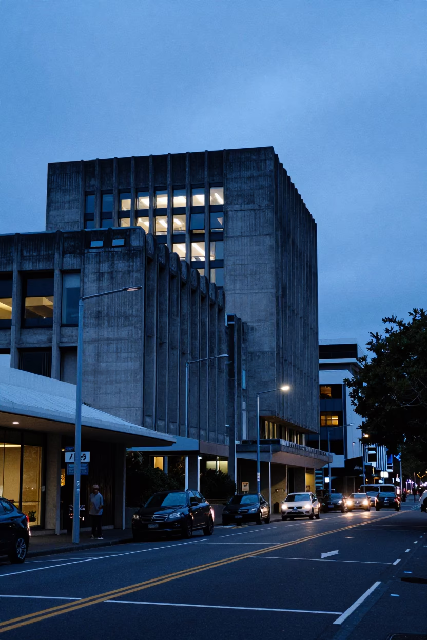 Wellington Evening Blue Hour Street Scene with Concrete Architecture and Local Life in in Wellington, New Zealand