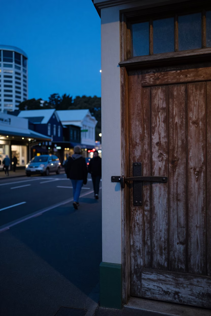 Wellington Evening Blue Hour Street Scene with Iron Deadbolt and Urban Detail in in Wellington, New Zealand