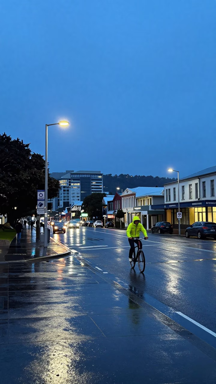 Wellington Evening Blue Hour Street Scene with Wet Pavement and City Lights in in Wellington, New Zealand